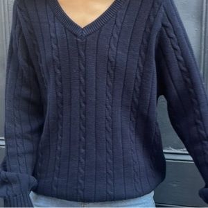 Navy Blue V Neck Cable Knit Sweater